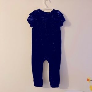 Sparkly Velvet Soft Navy Romper with Ruffle Collar and Snap Bottom